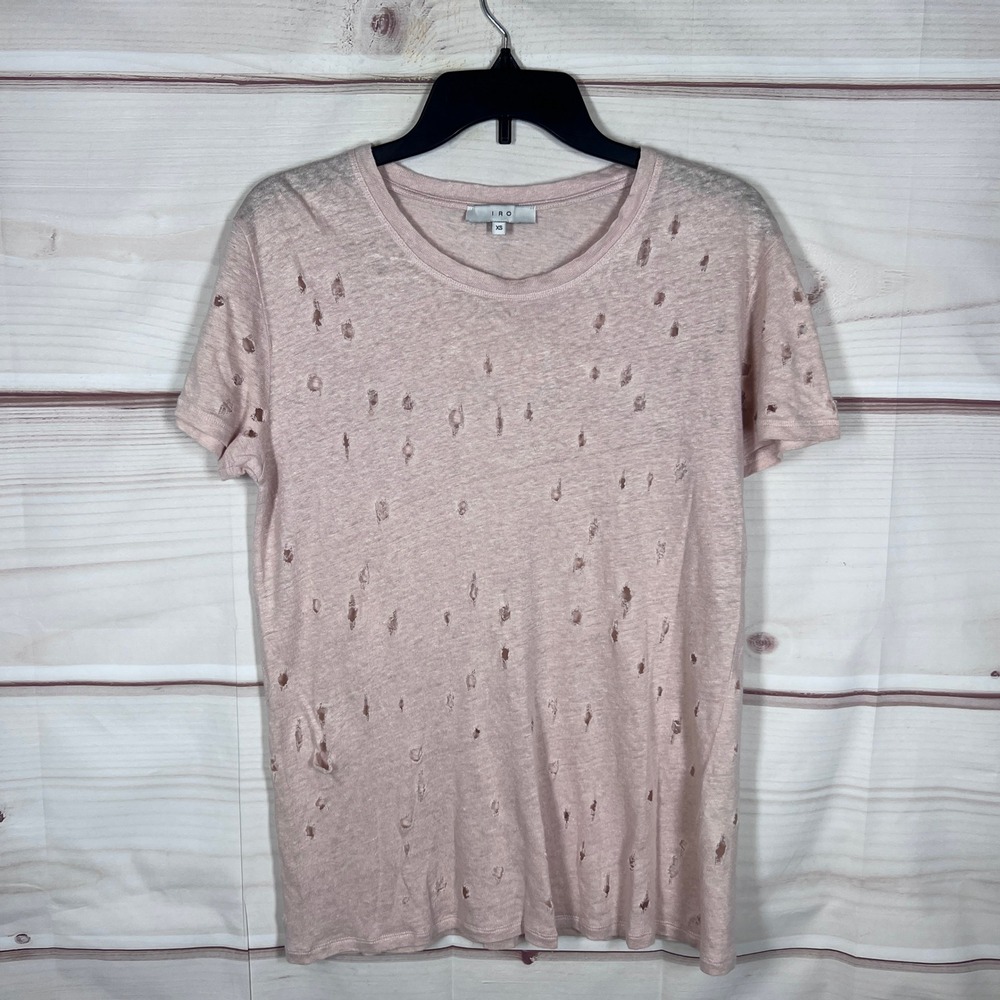 IRO T-Shirt Women XS Pink Distressed Linen Short Sleeve Tee Crew Neck Top Holes